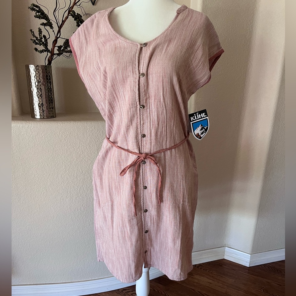Kuhl Riviera Shirt Dress Button Front V Neck Short Sleeve Tie Belt Pockets Red S